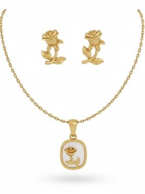 Gold Tone Stainless Steel Rose Pendant Necklace and Stud Earring Set